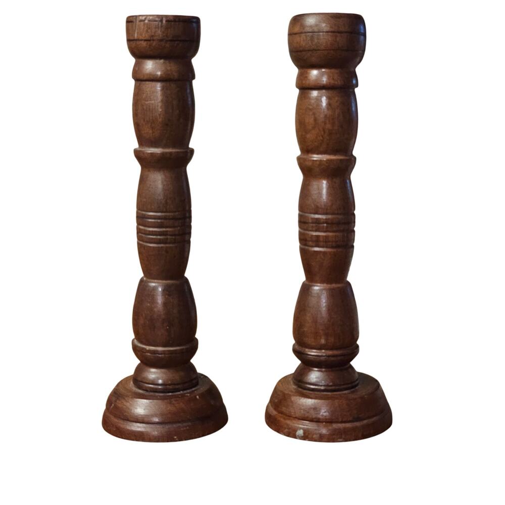 Vintage Pair Wooden Candle Holders Carved Tall MCM Farmhouse CottageCore (gg247)